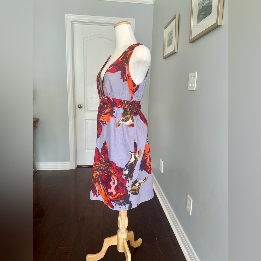 JOE FRESH Floral Wrap Empire Waist V Neck A Line Dress - Gray and Red - Picture 4 of 7